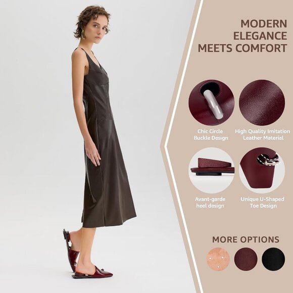 Beige Square Toe Mule Sandals Women Slip On Low Kitten Heels Faux Leather Heels - Picture 5 of 7